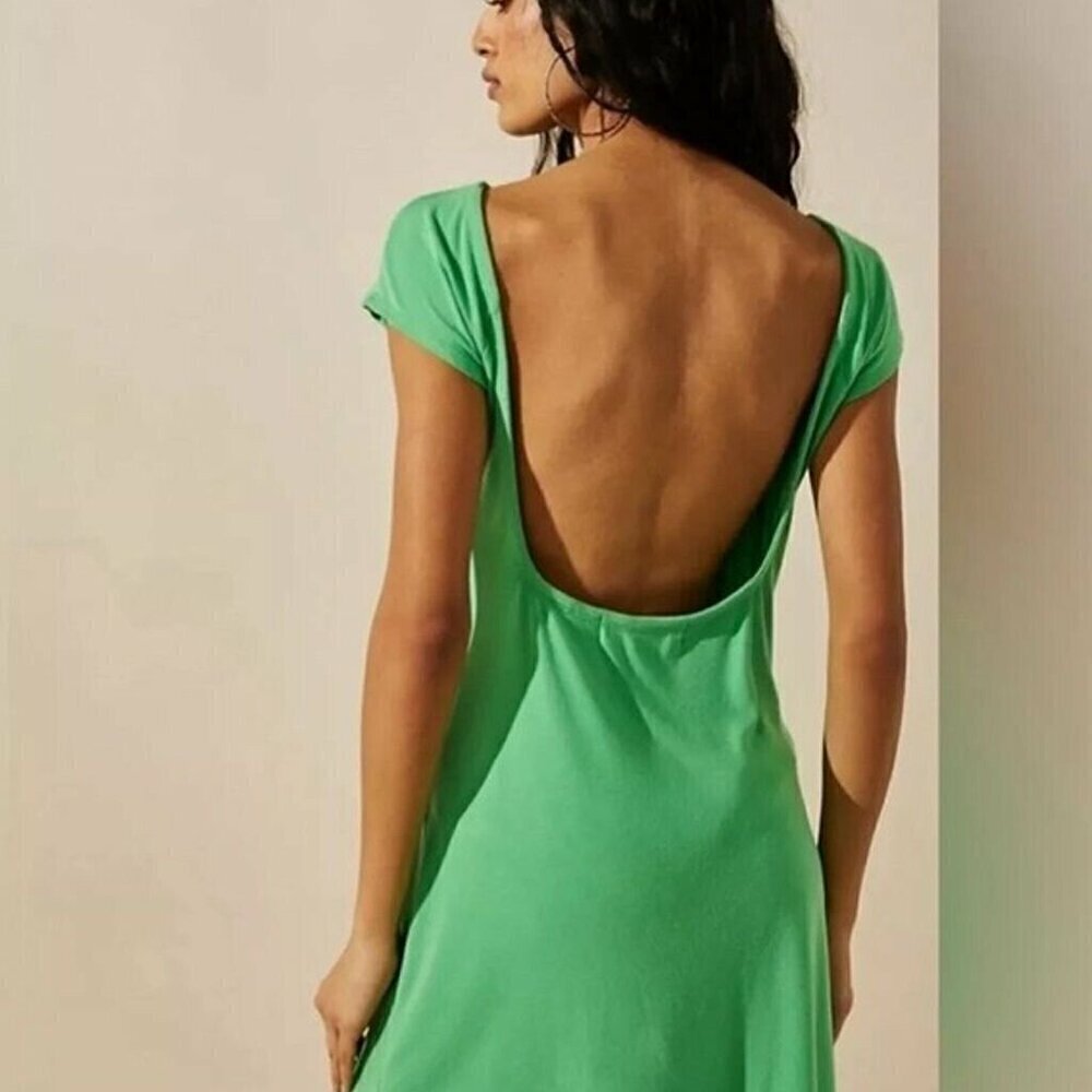 NEW FREE PEOPLE BEACH ROSALIA SUMMER GREEN MINI LOW BACK DRESS SZ M - Picture 2 of 8